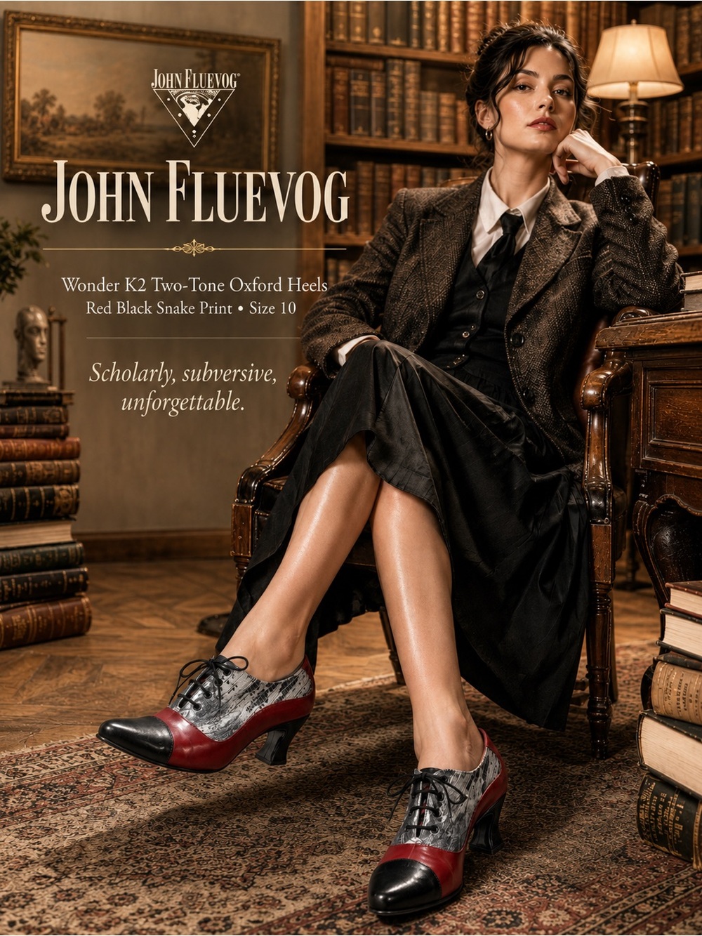 John Fluevog Wonder K2 Oxford Heels Red Black Snake Print Leather Size 10